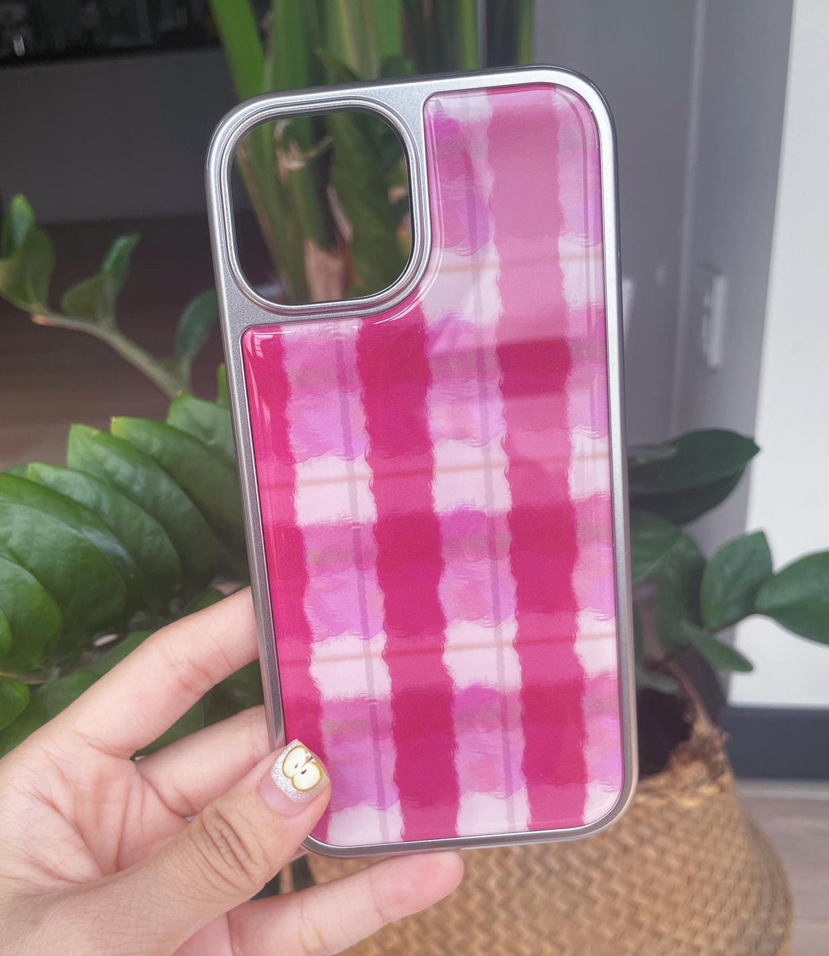 Pink Plaid iPhone Case �?Watercolor Preppy Design, Silver Edge Protective Cover