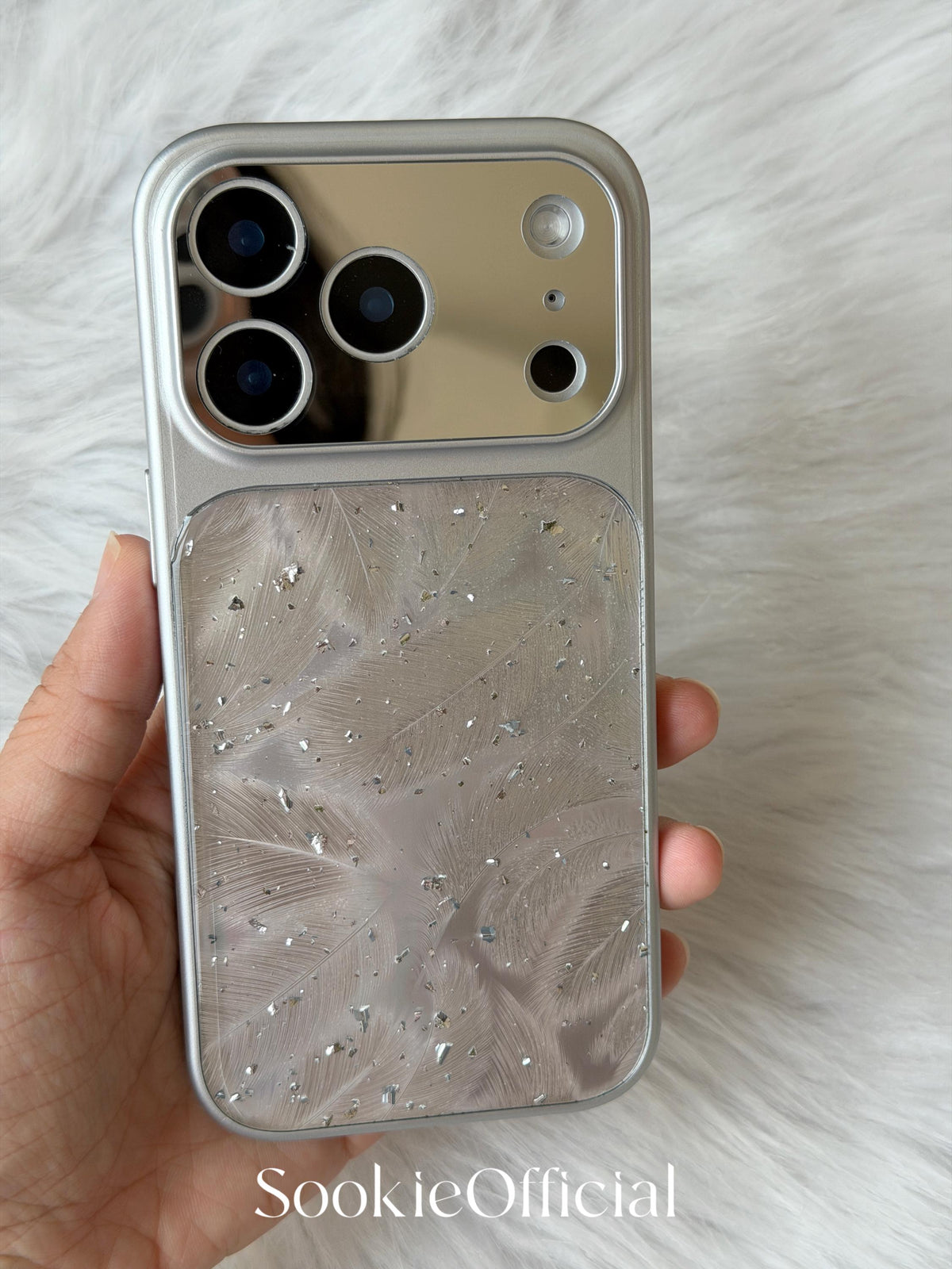 Ultra Sparkly Silver Glitter Feather iPhone Case  Shiny Protective Cover with Mirror Lens