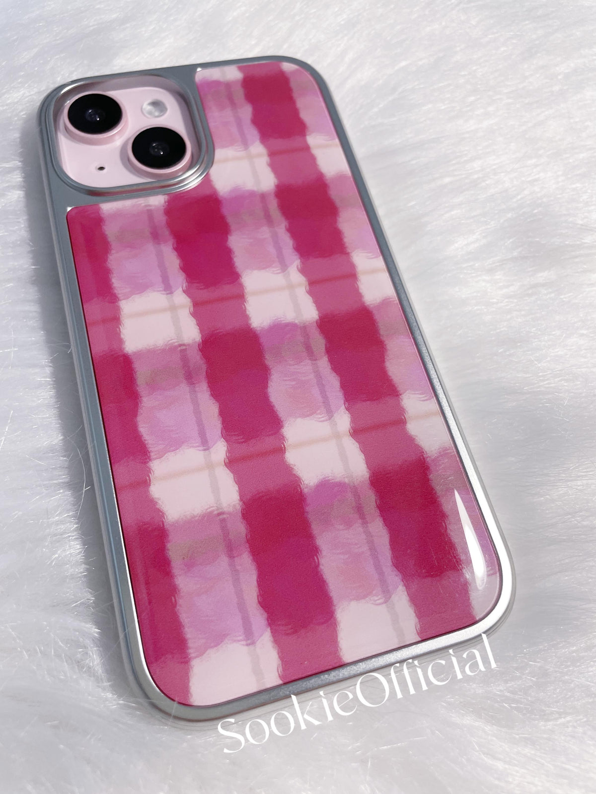 Pink Plaid iPhone Case �?Watercolor Preppy Design, Silver Edge Protective Cover