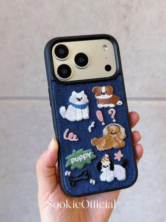 Embroidered Puppy iPhone Case: Denim Style Dog Lover Gift