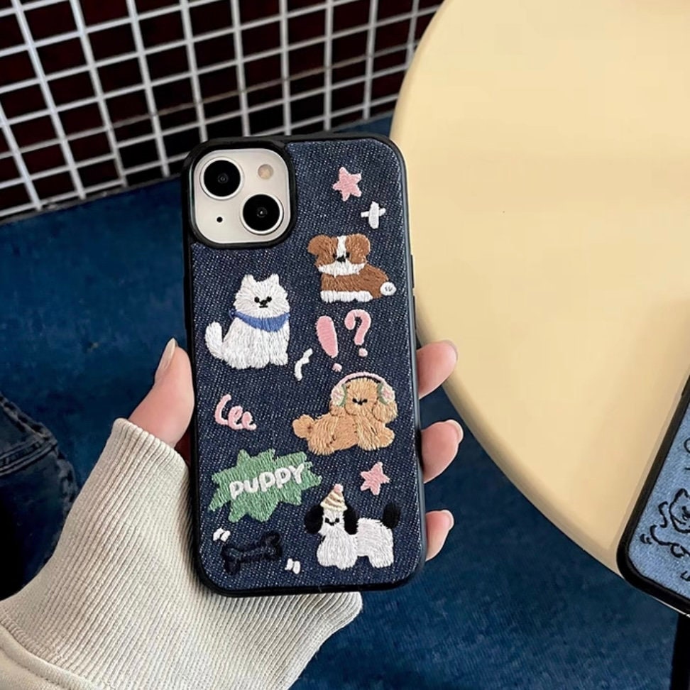 Embroidered Puppy iPhone Case: Denim Style Dog Lover Gift