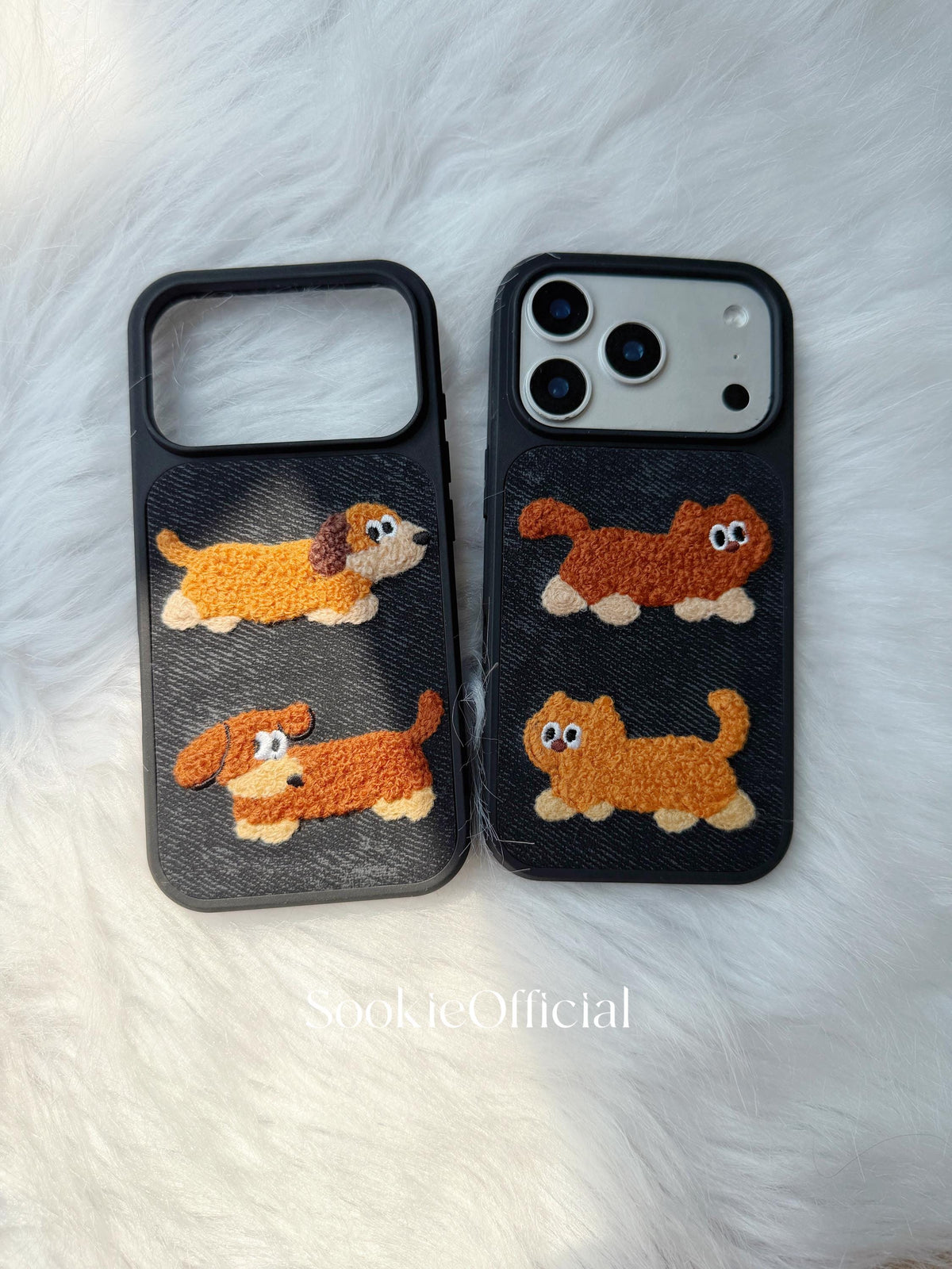 Denim Plush Cat Dog Couple iPhone Case Embroidered Animal Cover Cozy Textured Accessory
