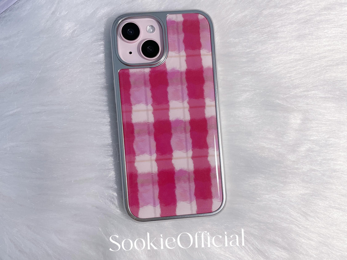 Pink Plaid iPhone Case �?Watercolor Preppy Design, Silver Edge Protective Cover