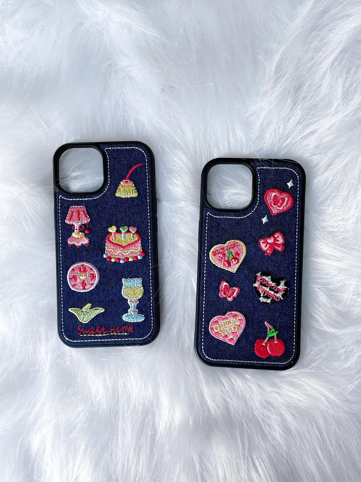 Y2K Denim Embroidered Heart Bow Cherry iPhone Case, 3D Embroidery Design,iphone 17 pro