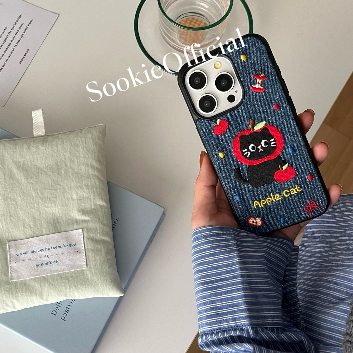 Embroidered Apple Cat Denim iPhone Case, Girly Phone Cover