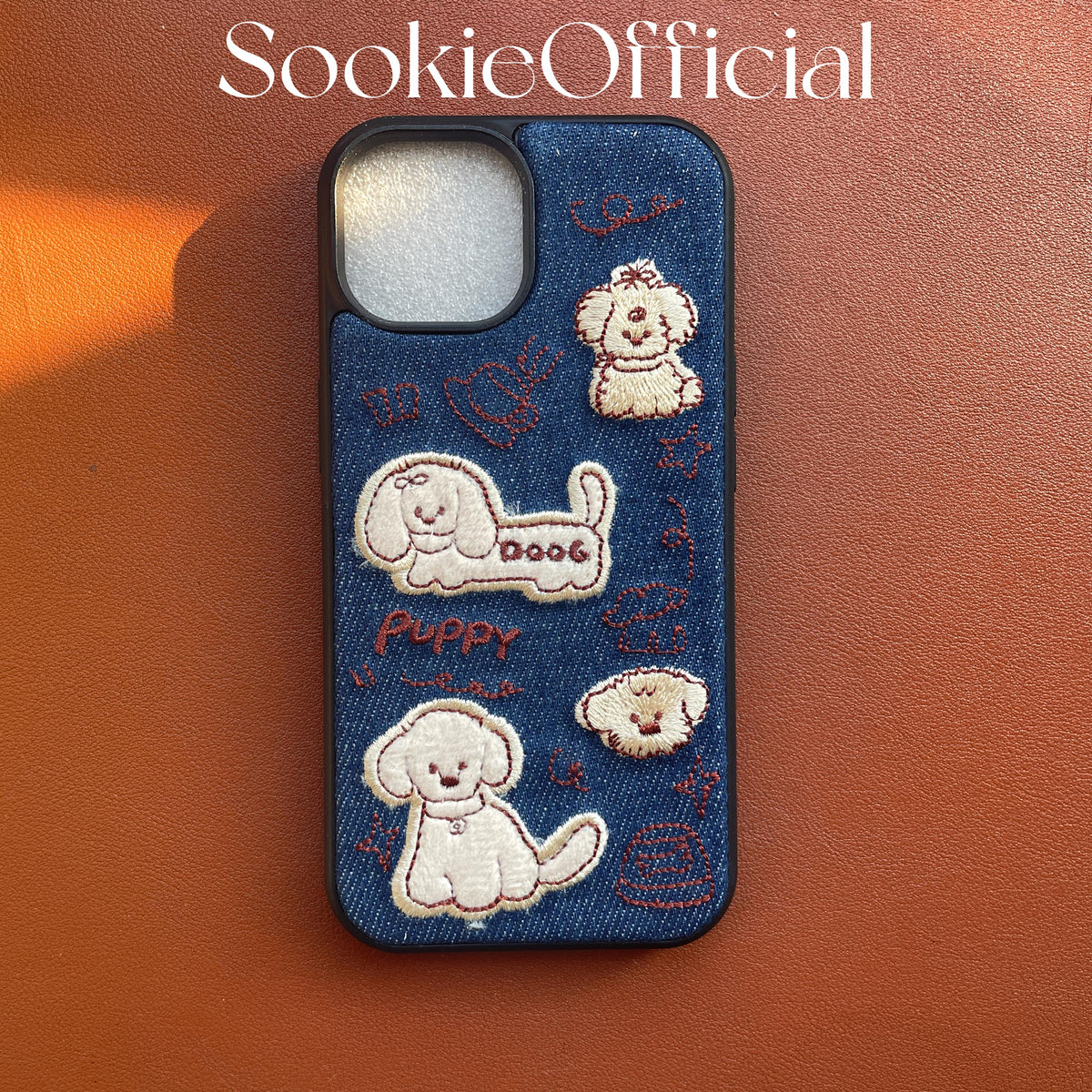 Embroidered Denim Puppy iPhone Case: Kawaii Dog Collage