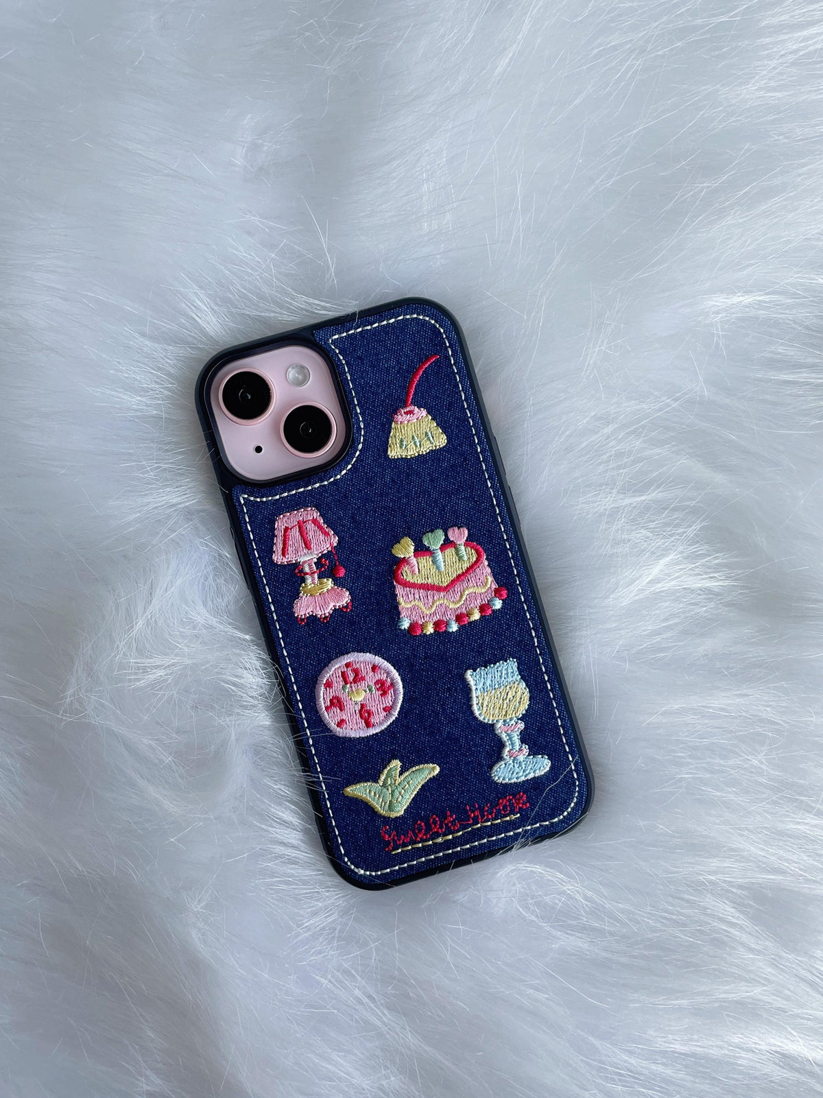 Kawaii Embroidered Denim iPhone Case: Y2K Dessert Design