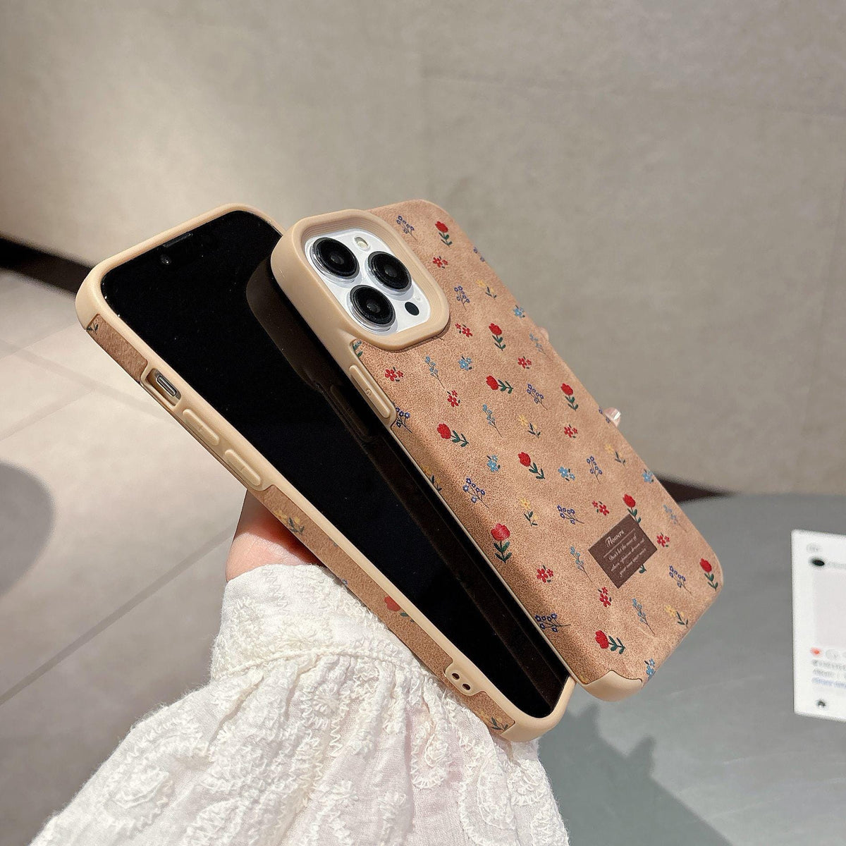 Suede Floral iPhone Case, Vintage Flower Print Soft Plush Touch Drop-Proof Case
