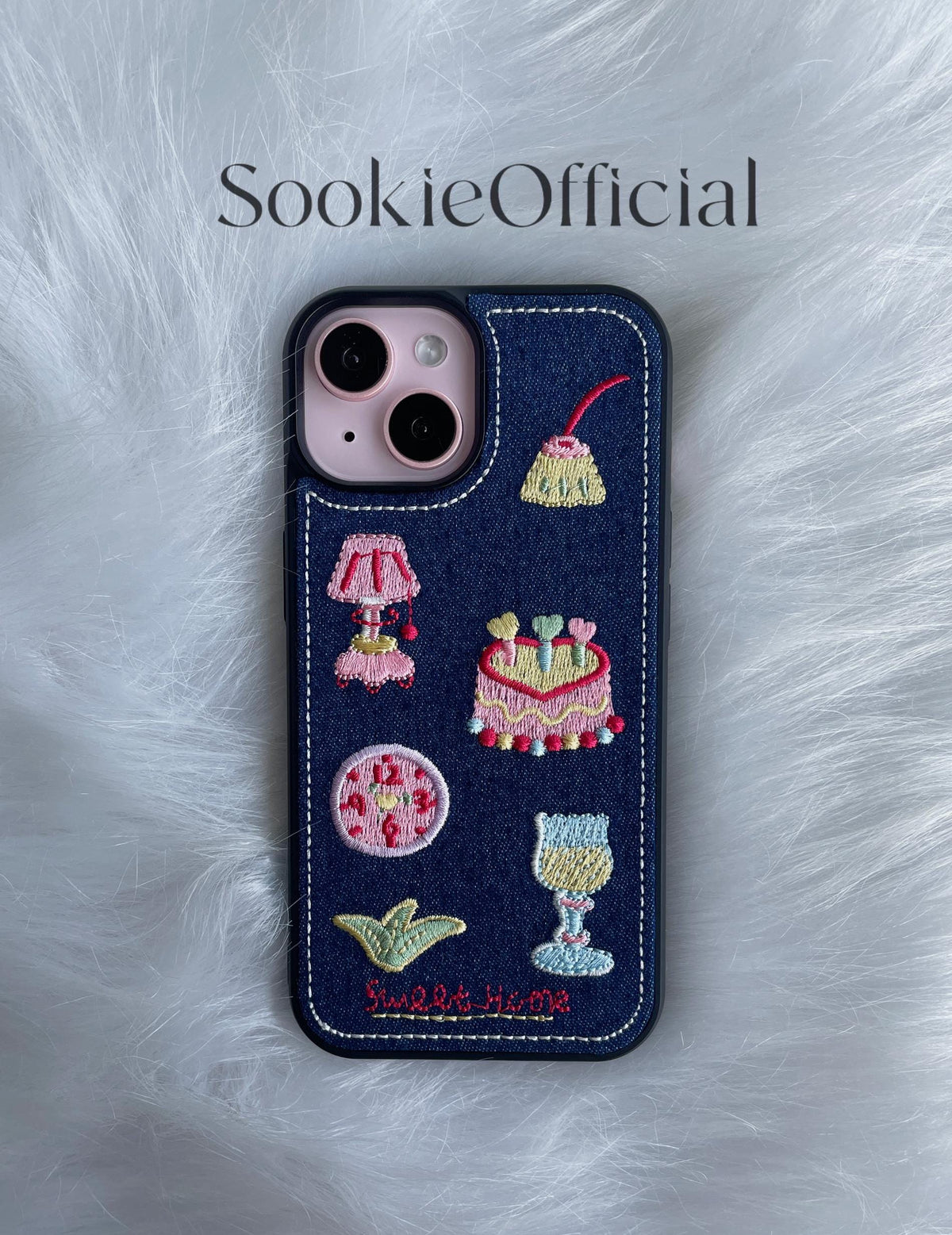 Kawaii Embroidered Denim iPhone Case: Y2K Dessert Design