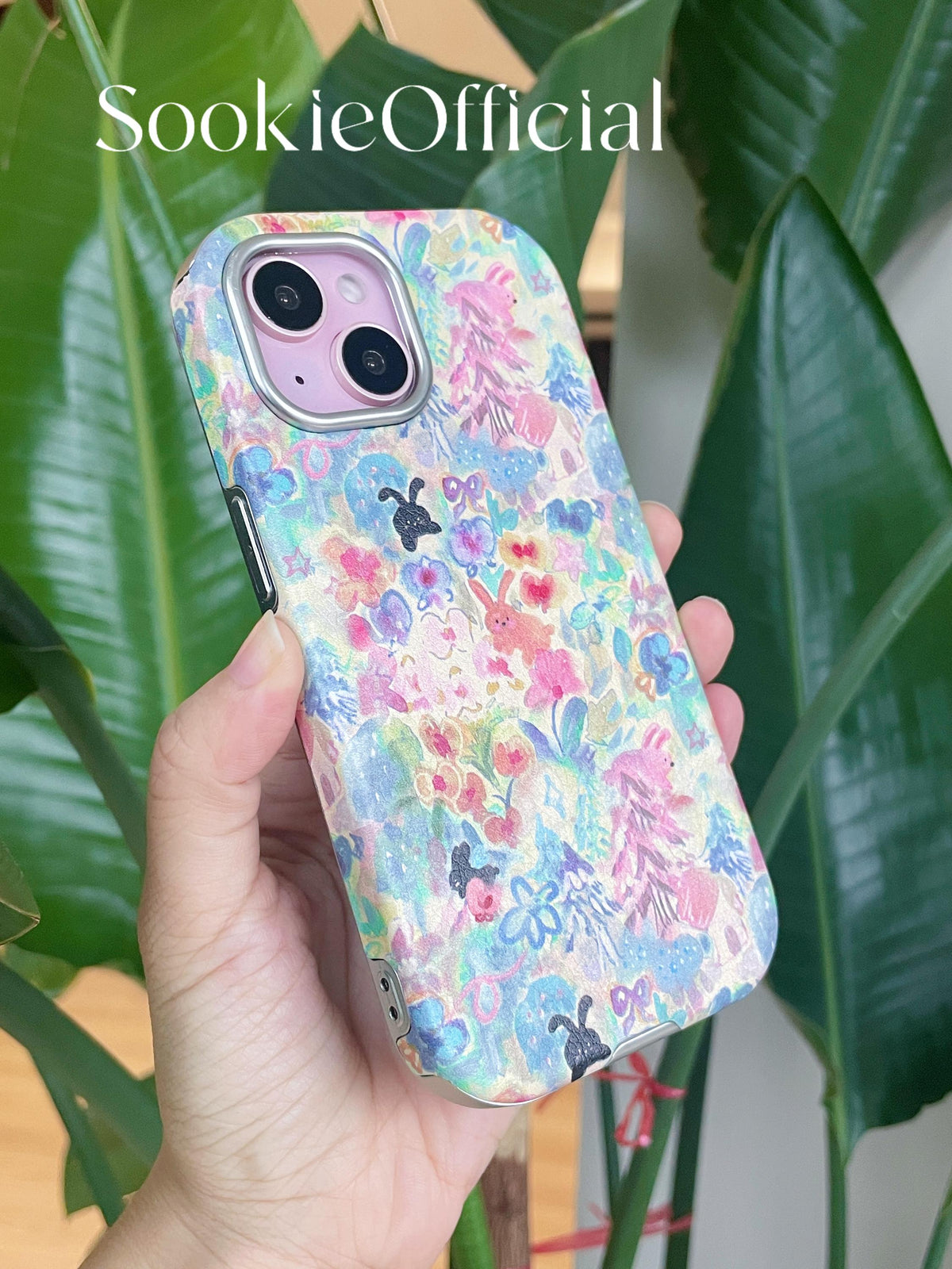 Watercolor Bunny iPhone Case for 13-17, Pink Leather-Feel Full Protection cover