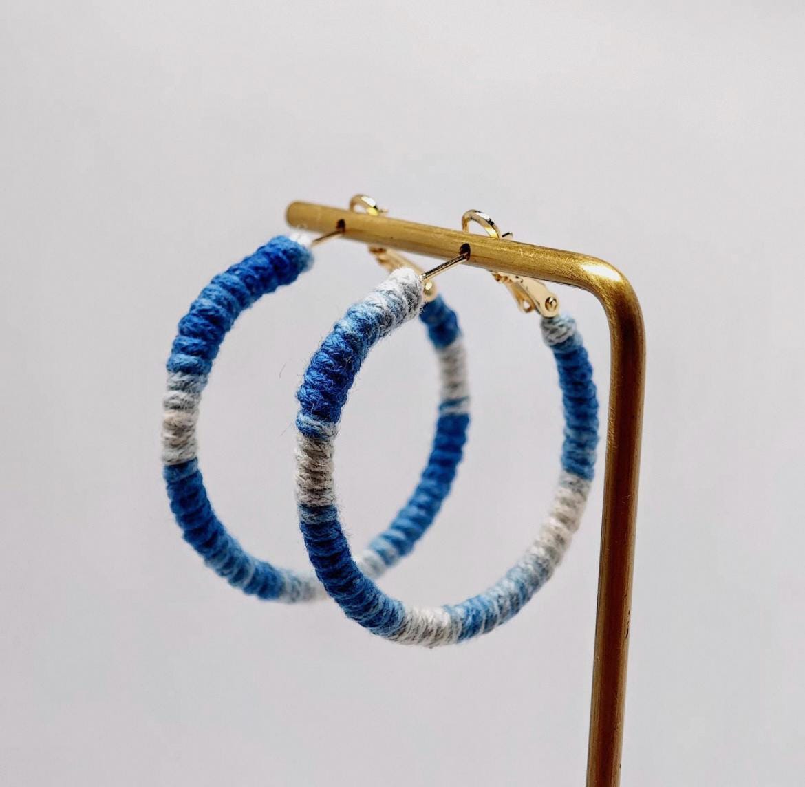 Indigo Dyed Cotton Hoop Earrings: 14K Gold Bohemian Jewelry