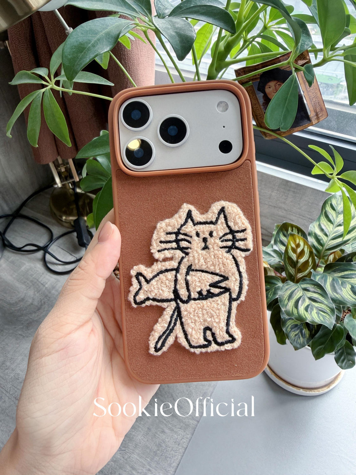 Brown Suede Plush Cat & Dog Phone Case for iPhone 17 16 15 14 13 pro max, Couple Fluffy Animal Cover