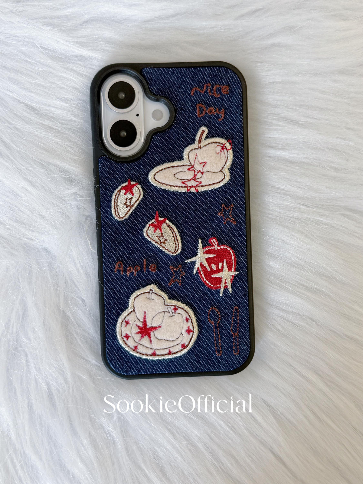 Embroidered Apple Cartoon iPhone Case for 13-17, Girly Denim Phone Cover