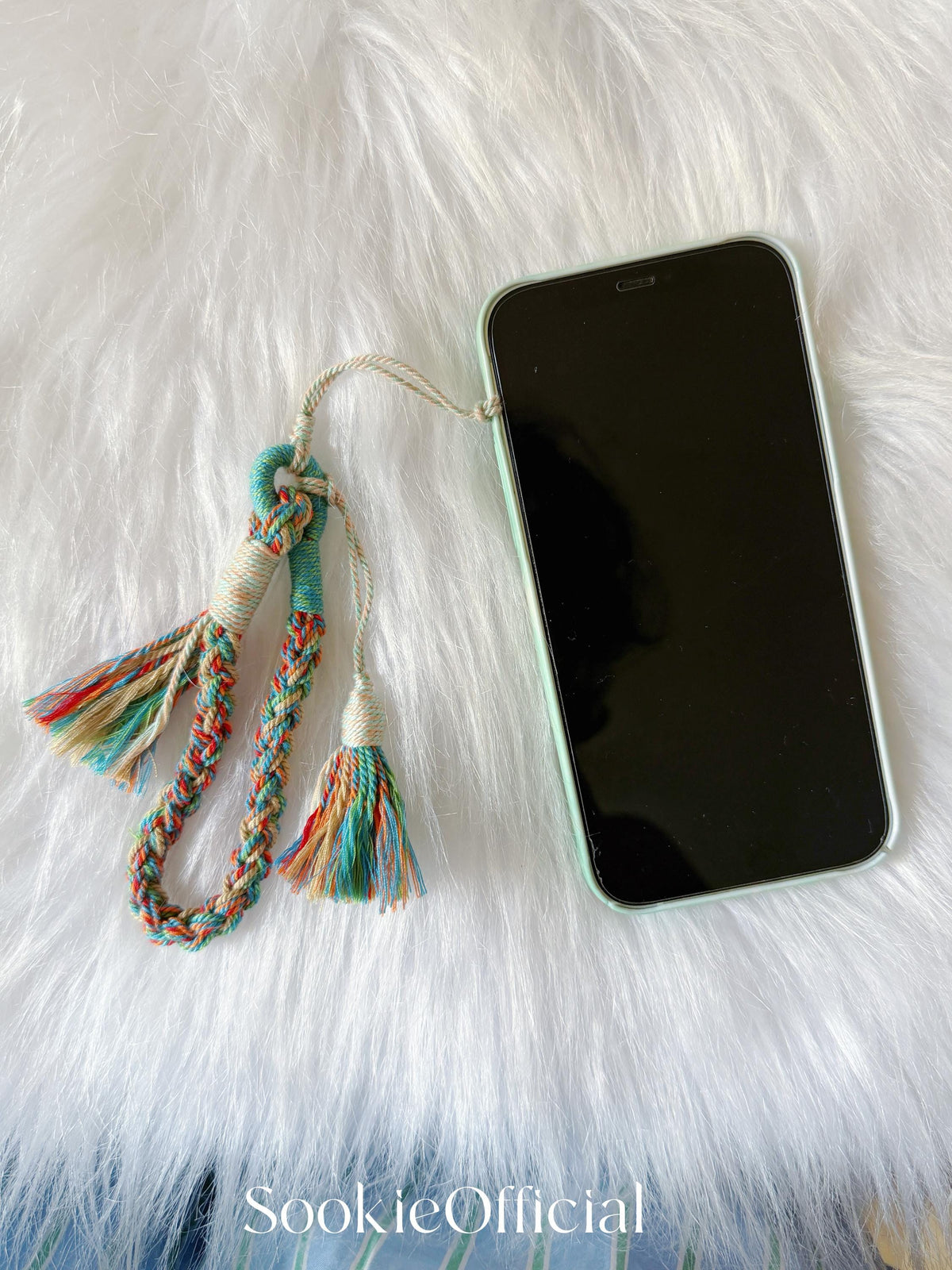 Boho Phone Wrist Strap, Teal & Rust Braided Woven Phone Charm, Camera Lanyard with Tassel