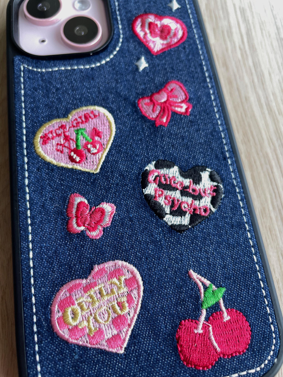 Y2K Denim Embroidered Heart Bow Cherry iPhone Case, 3D Embroidery Design,iphone 17 pro