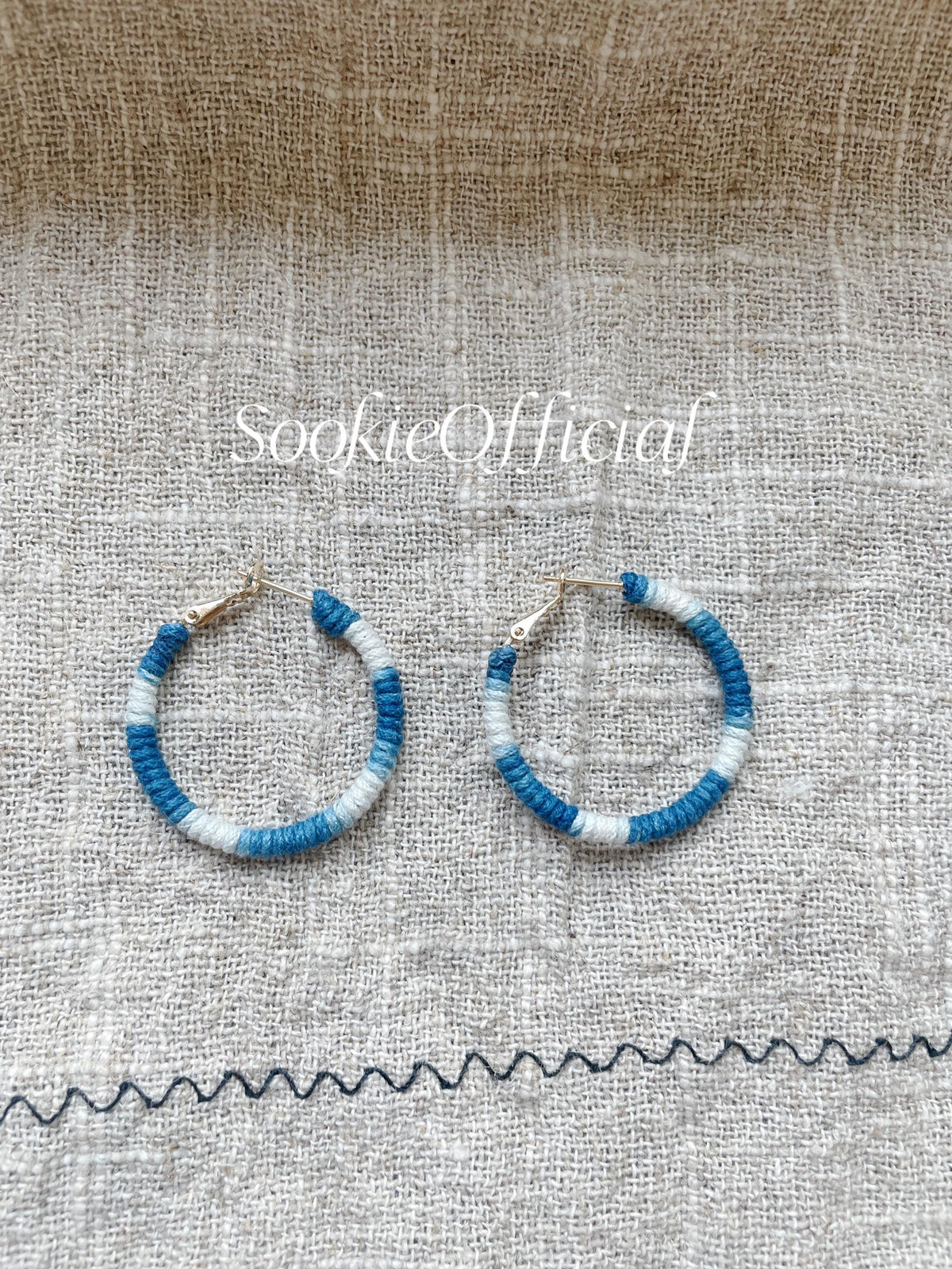 Indigo Dyed Cotton Hoop Earrings: 14K Gold Bohemian Jewelry