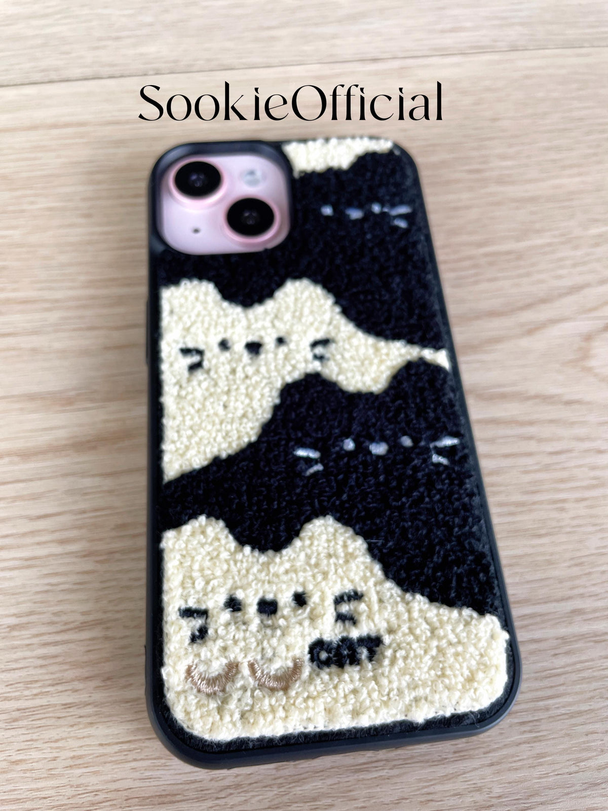 Embroidered Black and white Cat iPhone Case Fuzzy Tufted Phone Cover