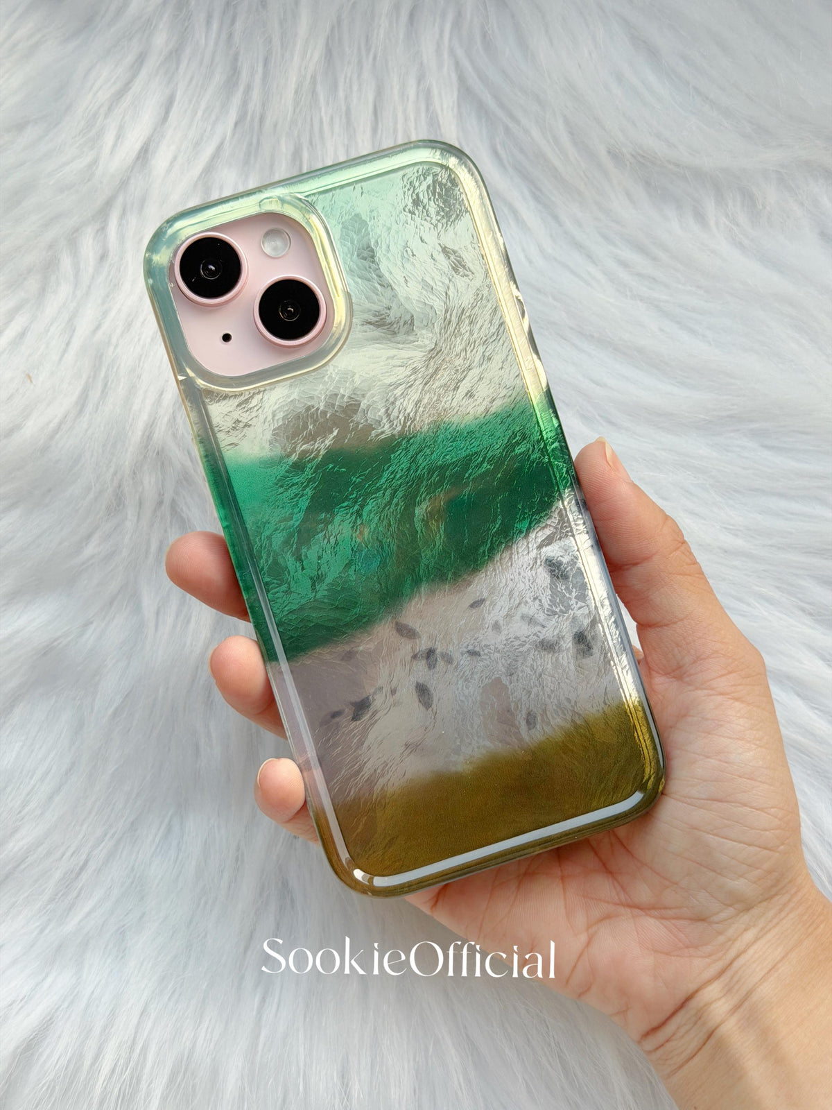 Forest Green Pearlescent Color Block iPhone Case with Chain, Glossy Meadow-Inspired MagSafe Case