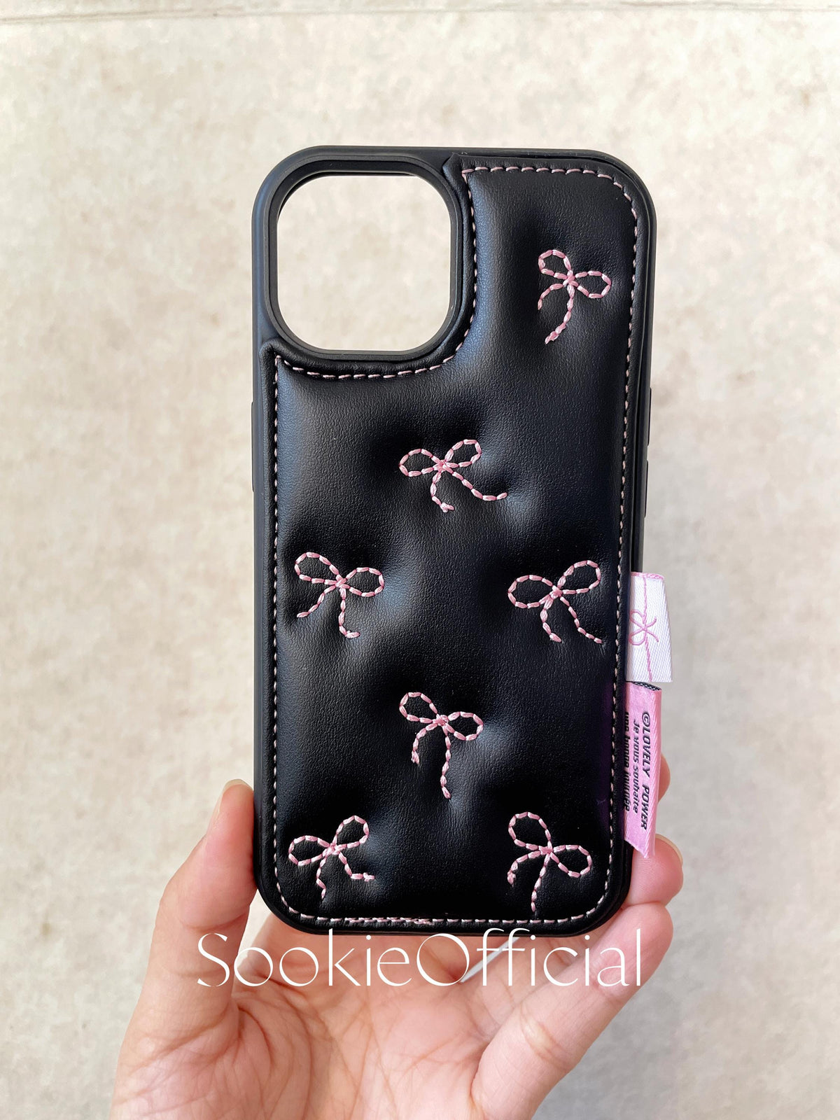 Pink Bow Embroidered Leather iPhone Case, Coquette Girly Phone Cover