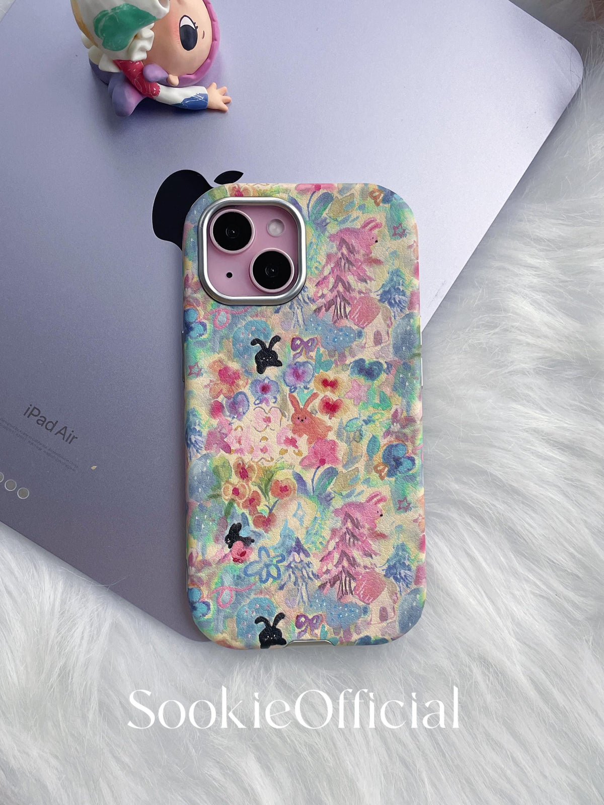 Watercolor Bunny iPhone Case for 13-17, Pink Leather-Feel Full Protection cover