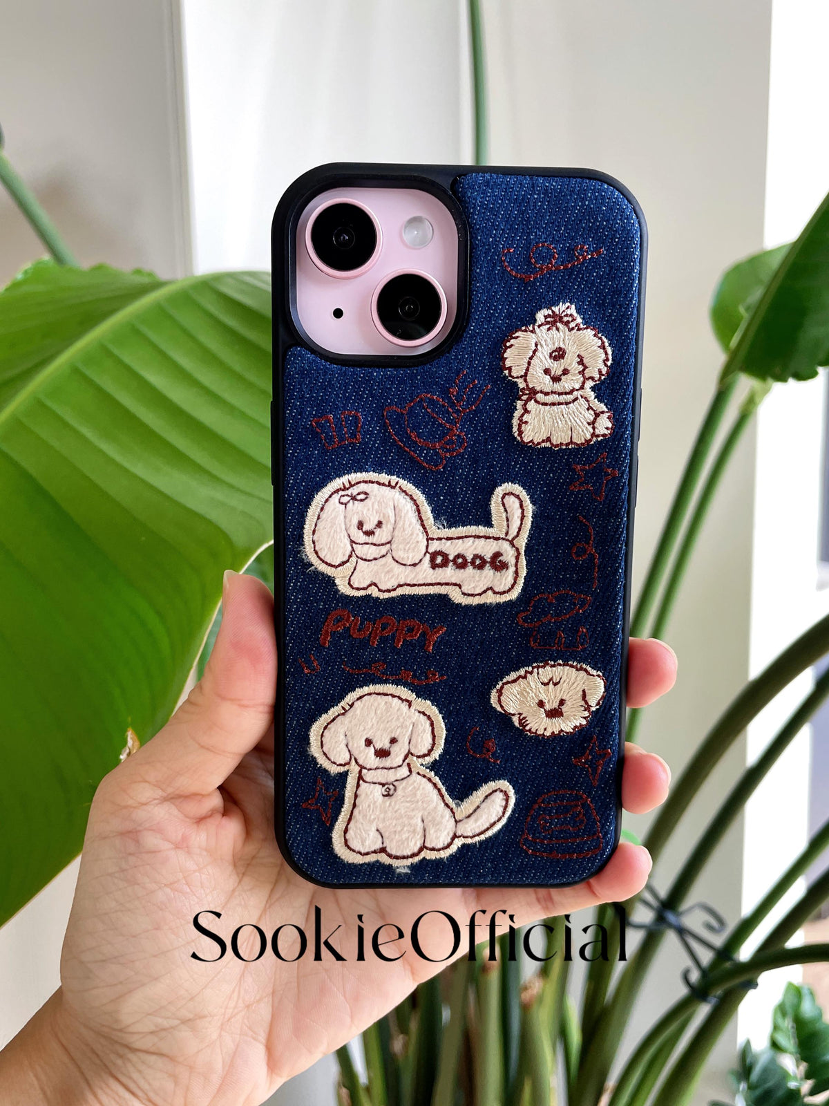 Embroidered Denim Puppy iPhone Case: Kawaii Dog Collage