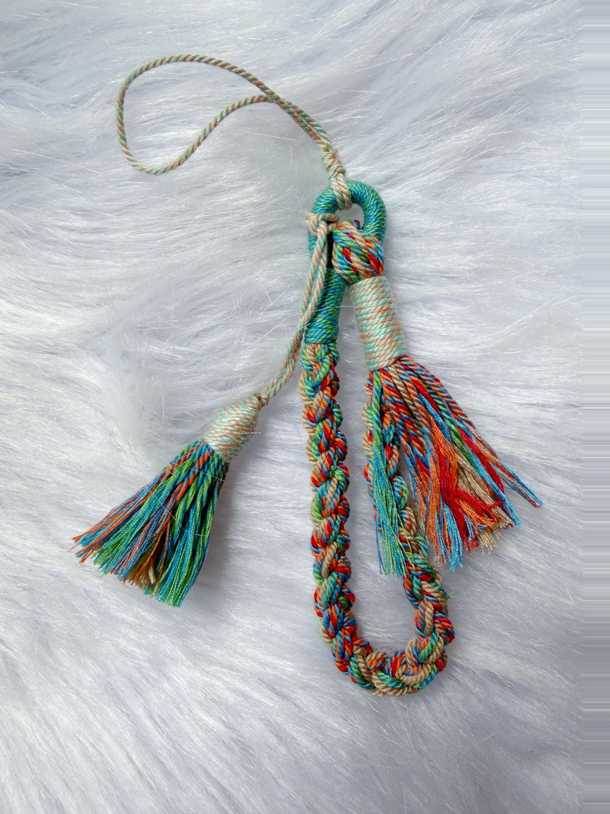 Boho Phone Wrist Strap, Teal & Rust Braided Woven Phone Charm, Camera Lanyard with Tassel