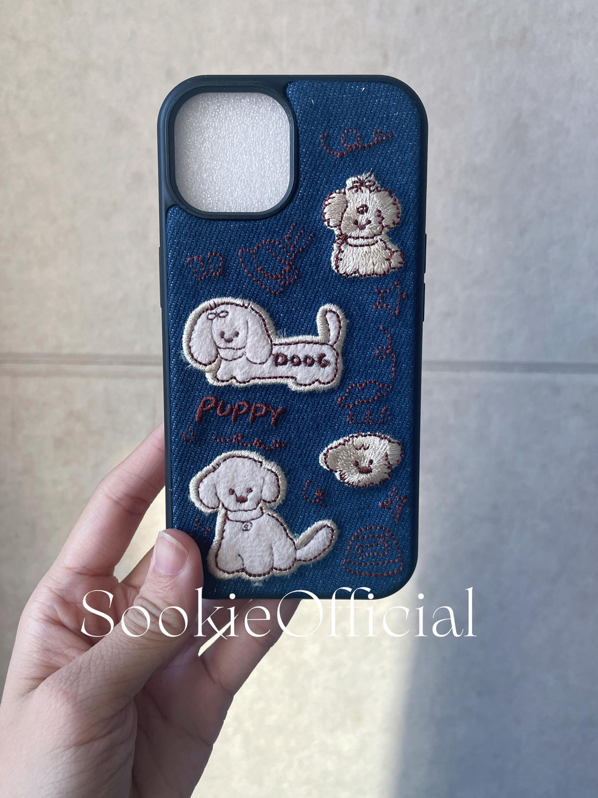 Embroidered Denim Puppy iPhone Case: Kawaii Dog Collage