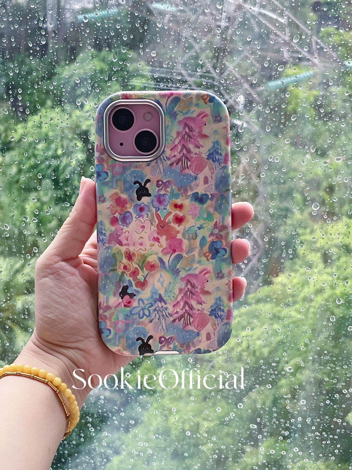 Watercolor Bunny iPhone Case for 13-17, Pink Leather-Feel Full Protection cover
