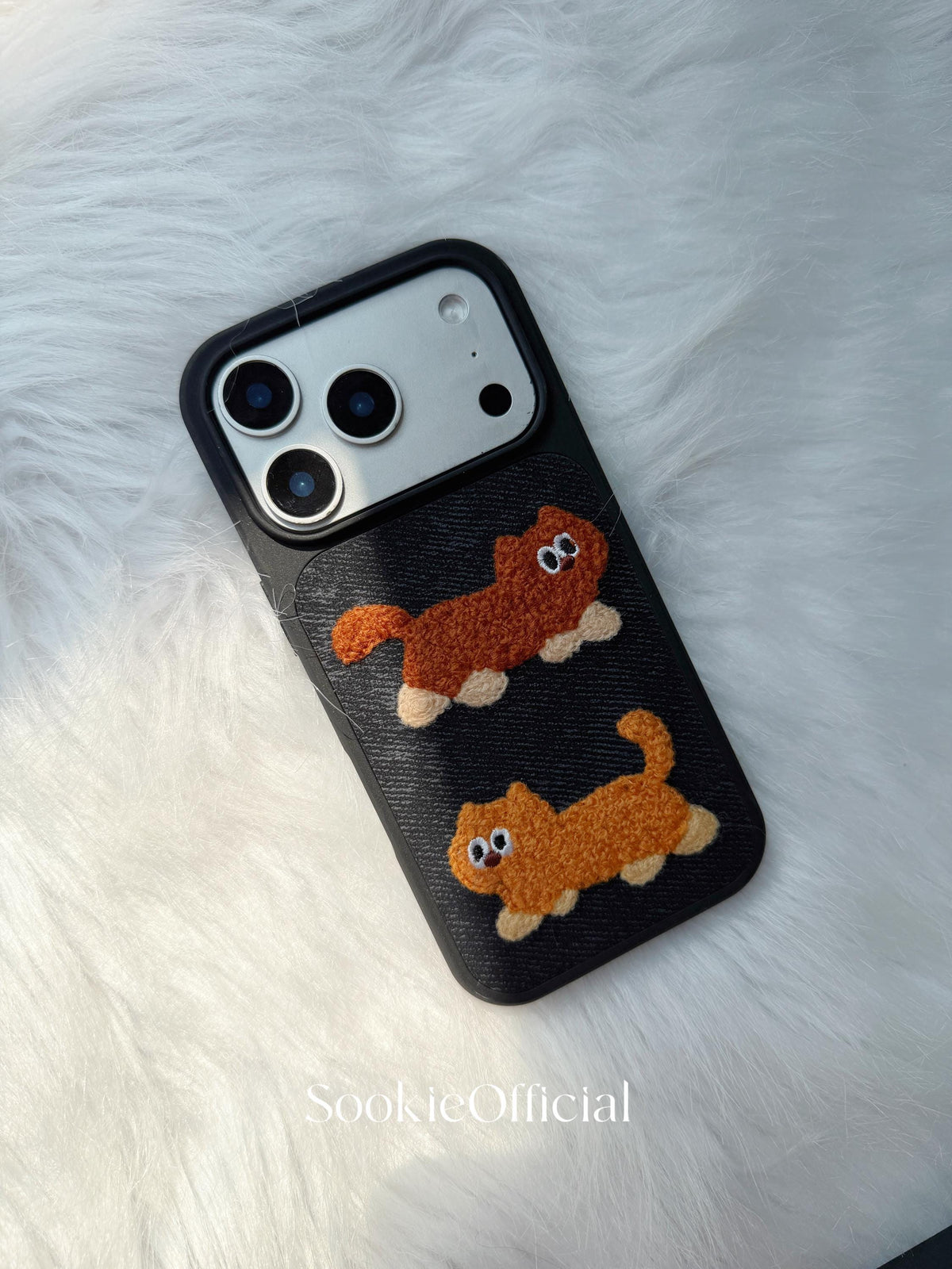 Denim Plush Cat Dog Couple iPhone Case Embroidered Animal Cover Cozy Textured Accessory