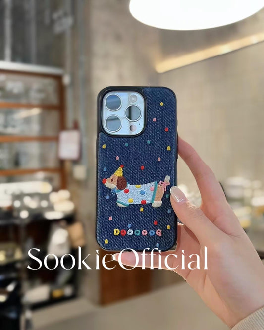 Denim Embroidered Beagle iPhone Case �?Cottagecore 3D Puppy Polka Dot Design