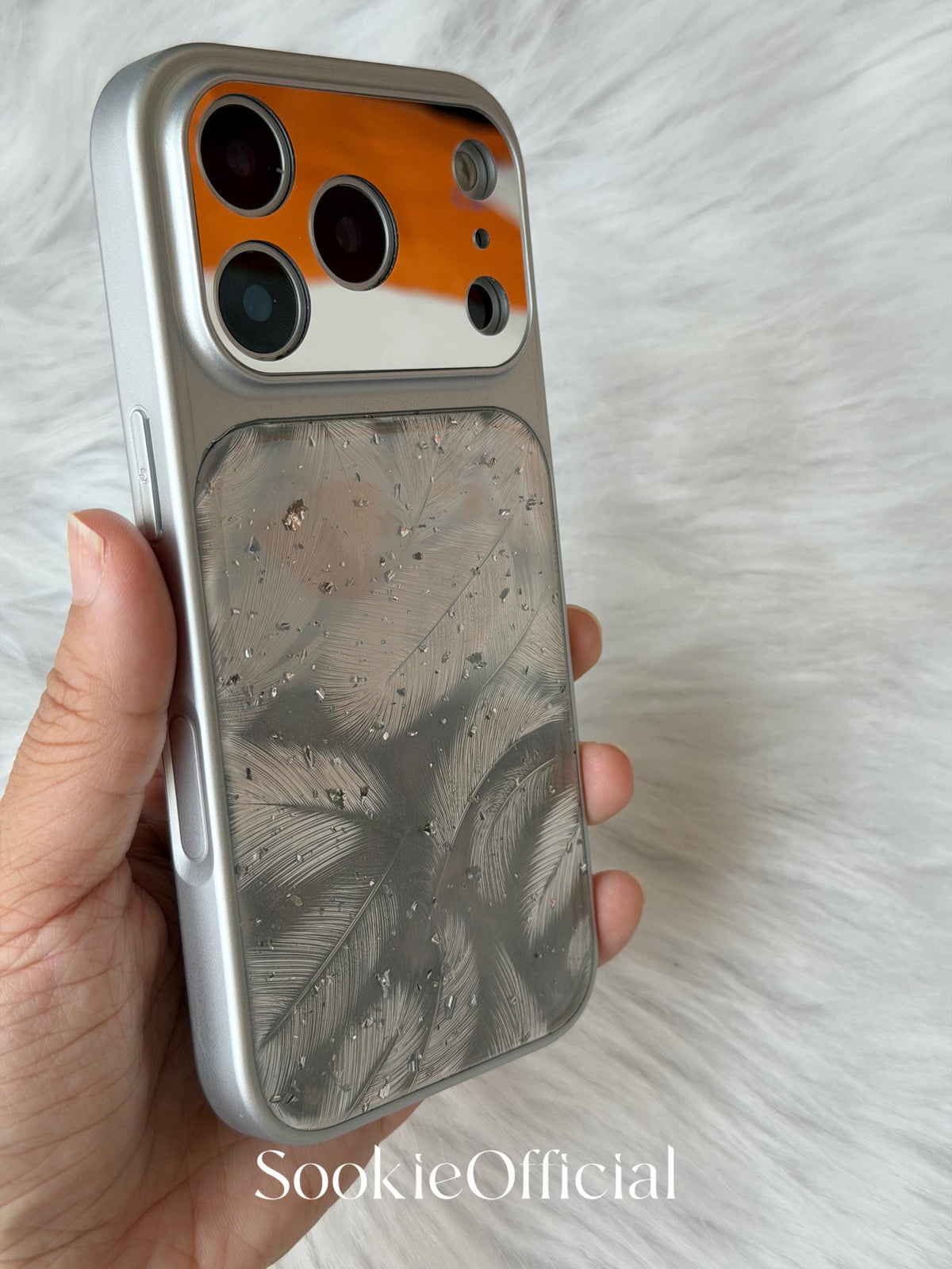 Ultra Sparkly Silver Glitter Feather iPhone Case  Shiny Protective Cover with Mirror Lens