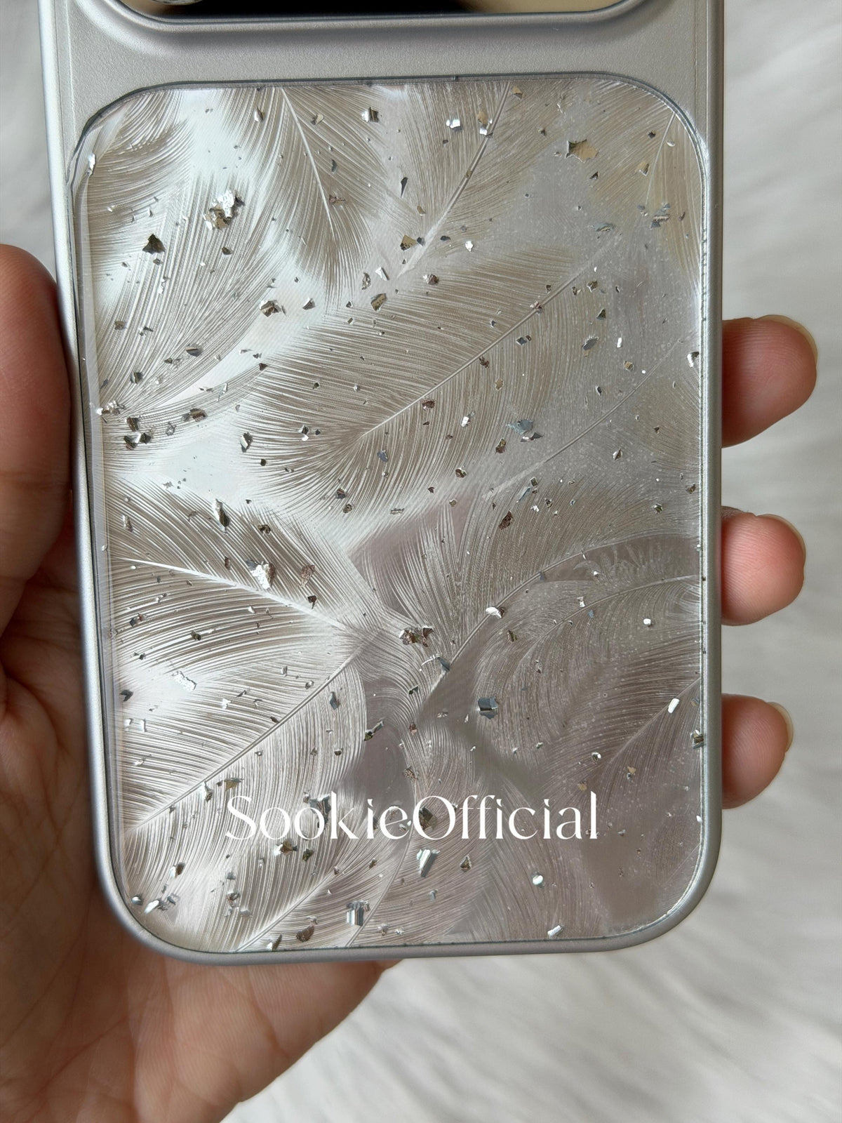 Ultra Sparkly Silver Glitter Feather iPhone Case  Shiny Protective Cover with Mirror Lens