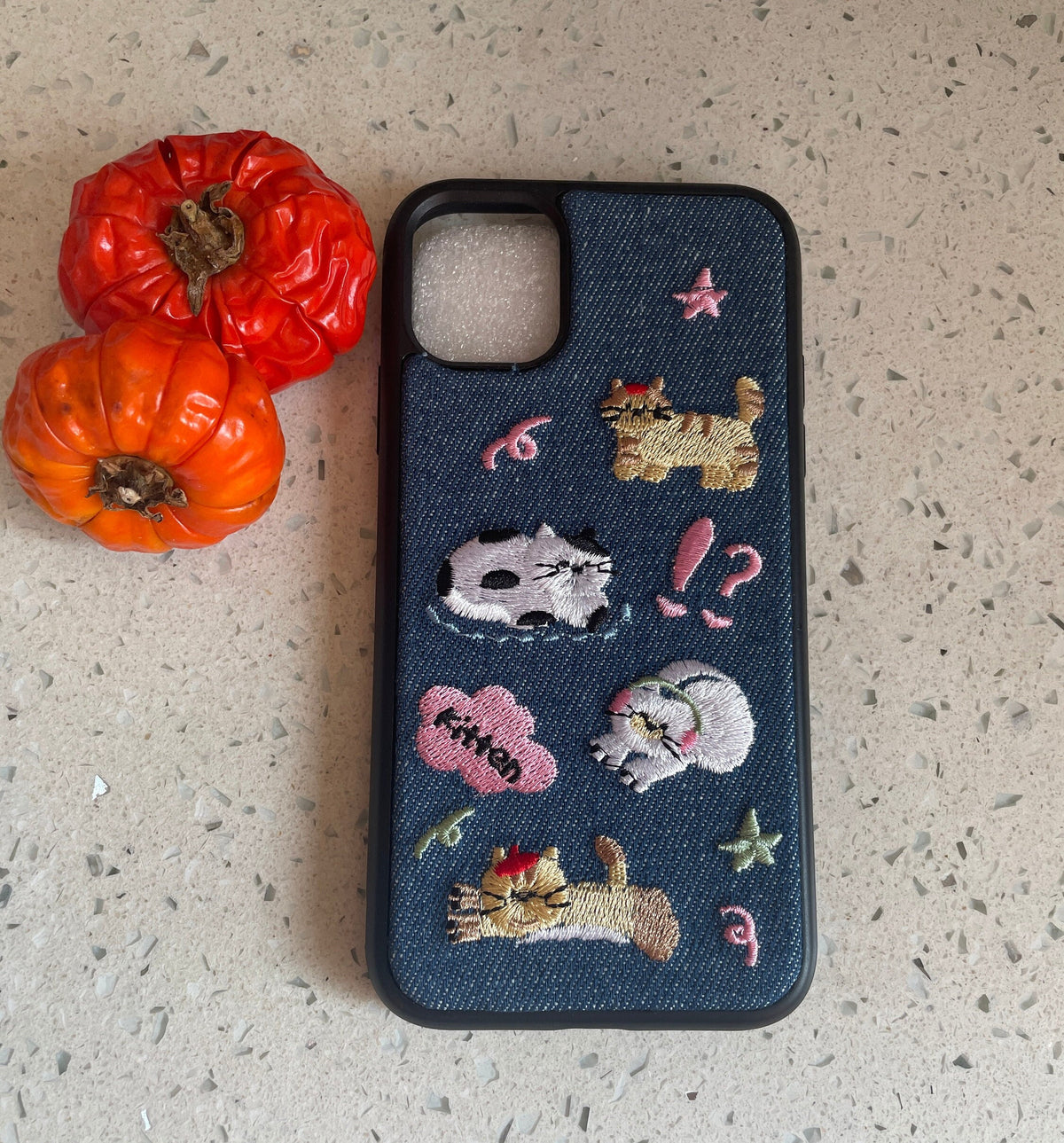 Denim Embroidered Cat iPhone Case 3D Embroidered Kitty Design for pet lover gift
