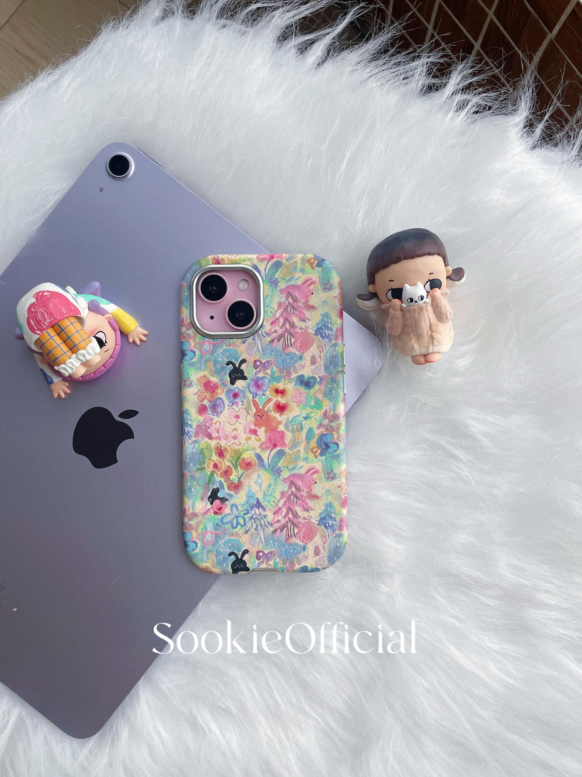 Watercolor Bunny iPhone Case for 13-17, Pink Leather-Feel Full Protection cover