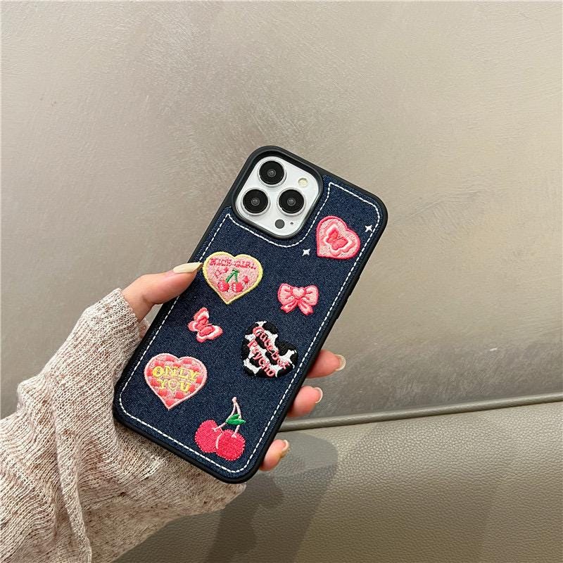 Y2K Denim Embroidered Heart Bow Cherry iPhone Case, 3D Embroidery Design,iphone 17 pro