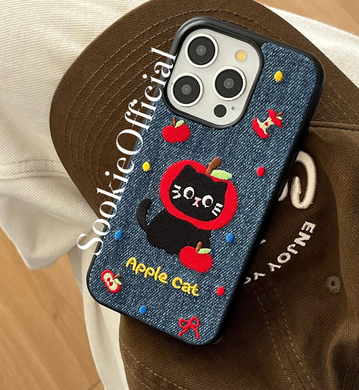Embroidered Apple Cat Denim iPhone Case, Girly Phone Cover