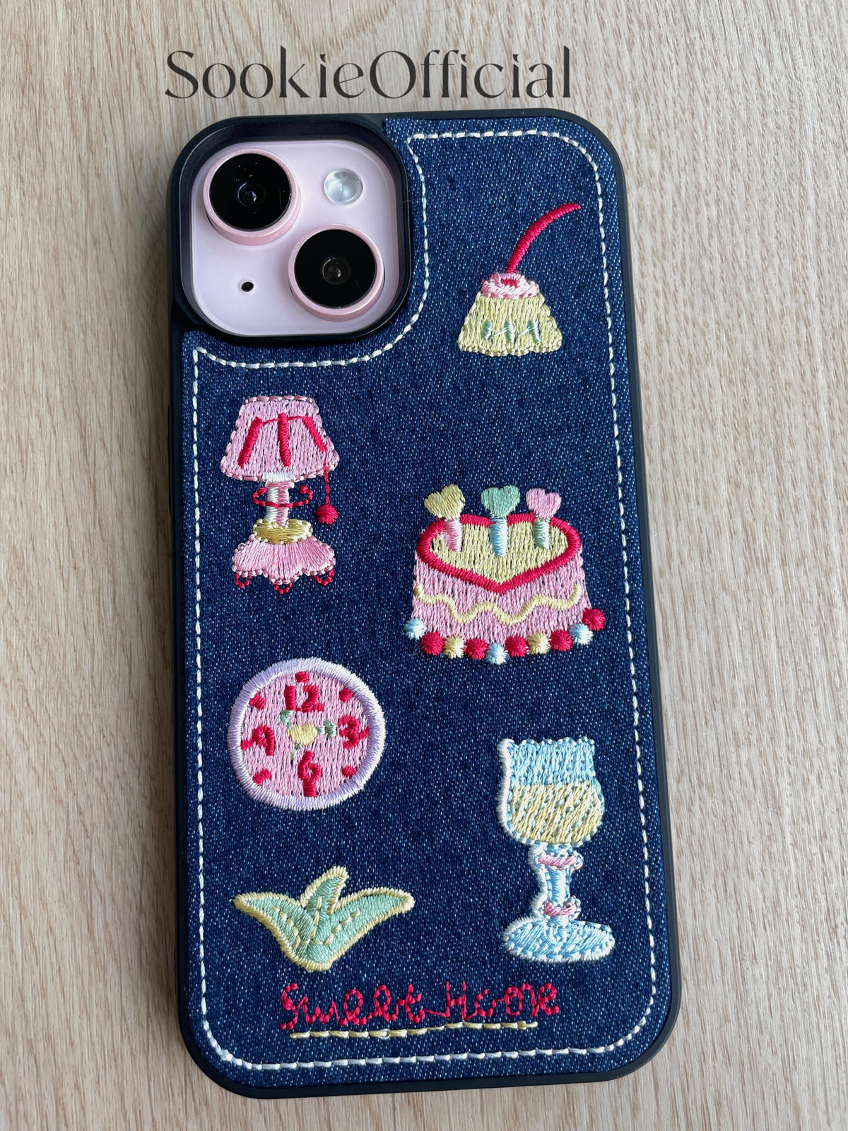 Kawaii Embroidered Denim iPhone Case: Y2K Dessert Design