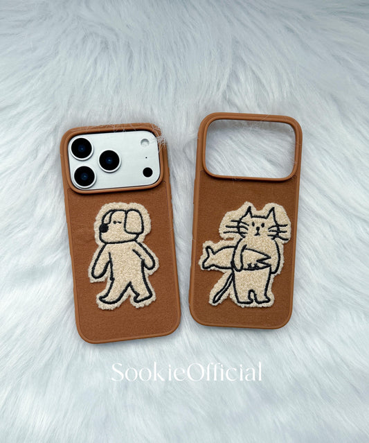 Brown Suede Plush Cat & Dog Phone Case for iPhone 17 16 15 14 13 pro max, Couple Fluffy Animal Cover