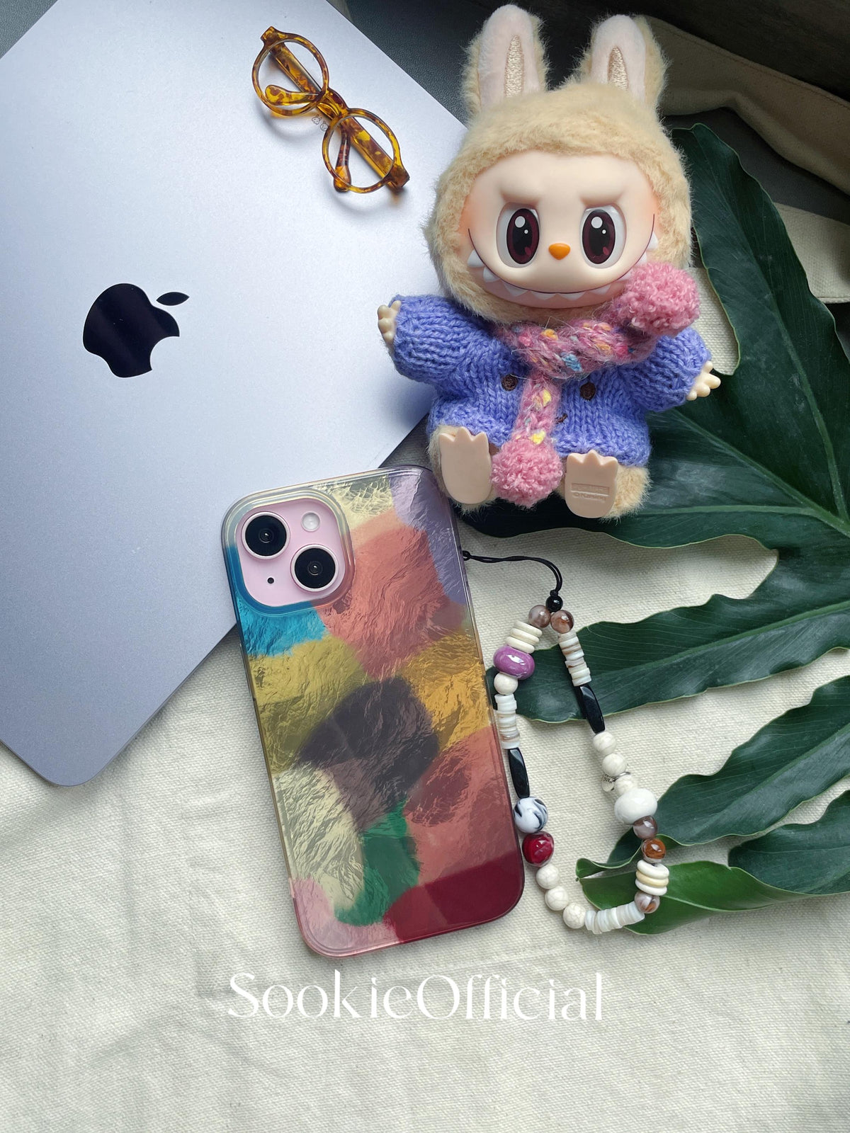 Glossy Iridescent Pearl iPhone Case with Beaded Chain, MagSafe & Standard Options