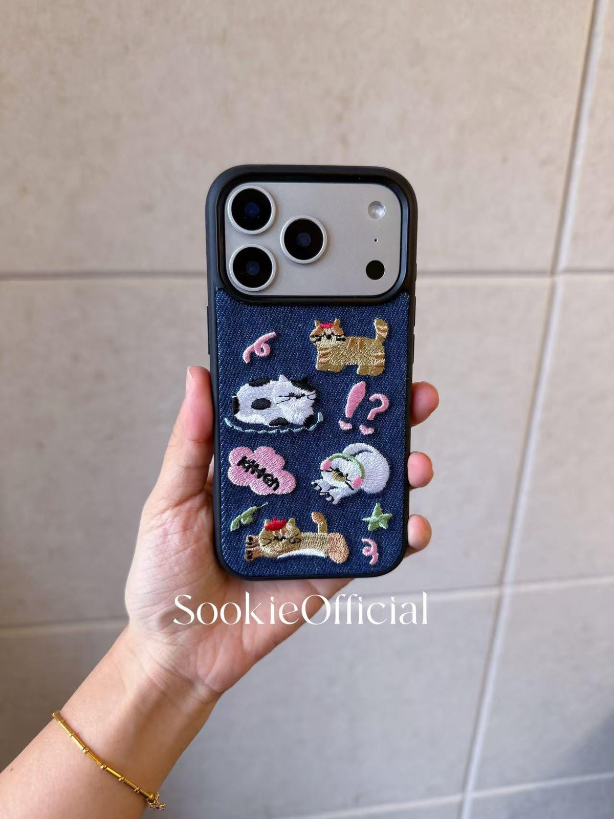 Denim Embroidered Cat iPhone Case 3D Embroidered Kitty Design for pet lover gift
