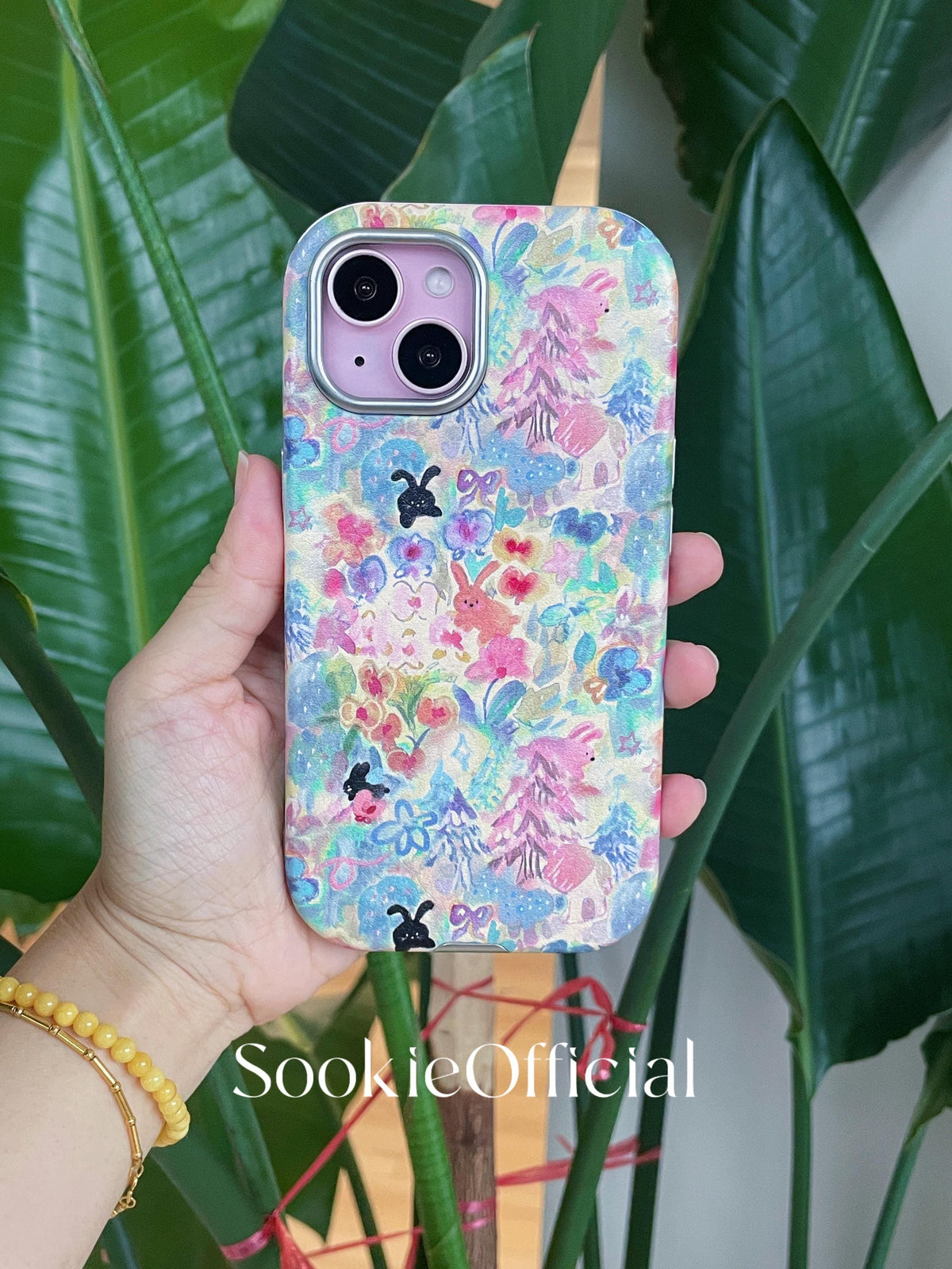 Watercolor Bunny iPhone Case for 13-17, Pink Leather-Feel Full Protection cover