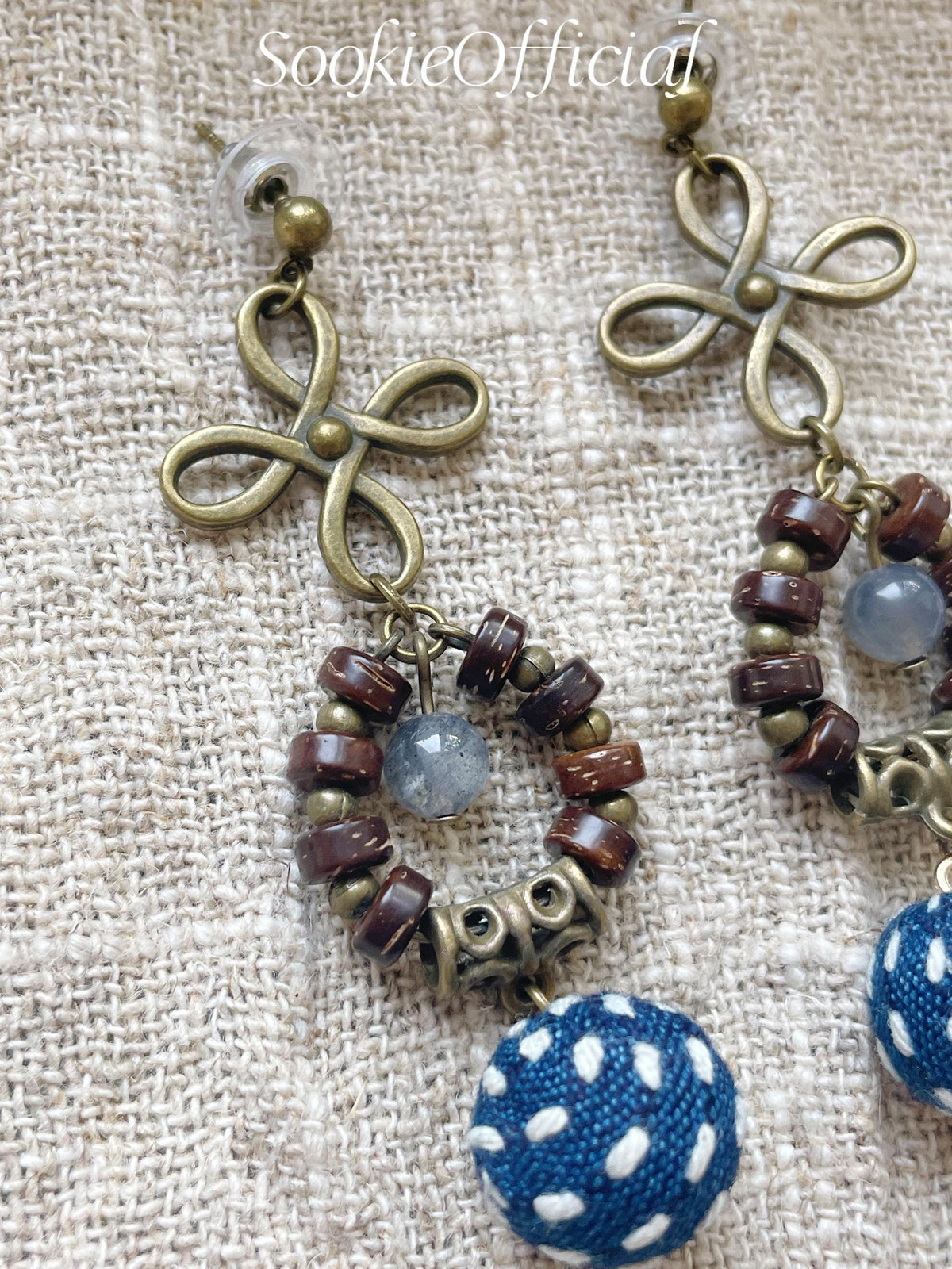 Vintage Indigo Dyed Fabric Earrings: Moonstone Dangle, Boho Style