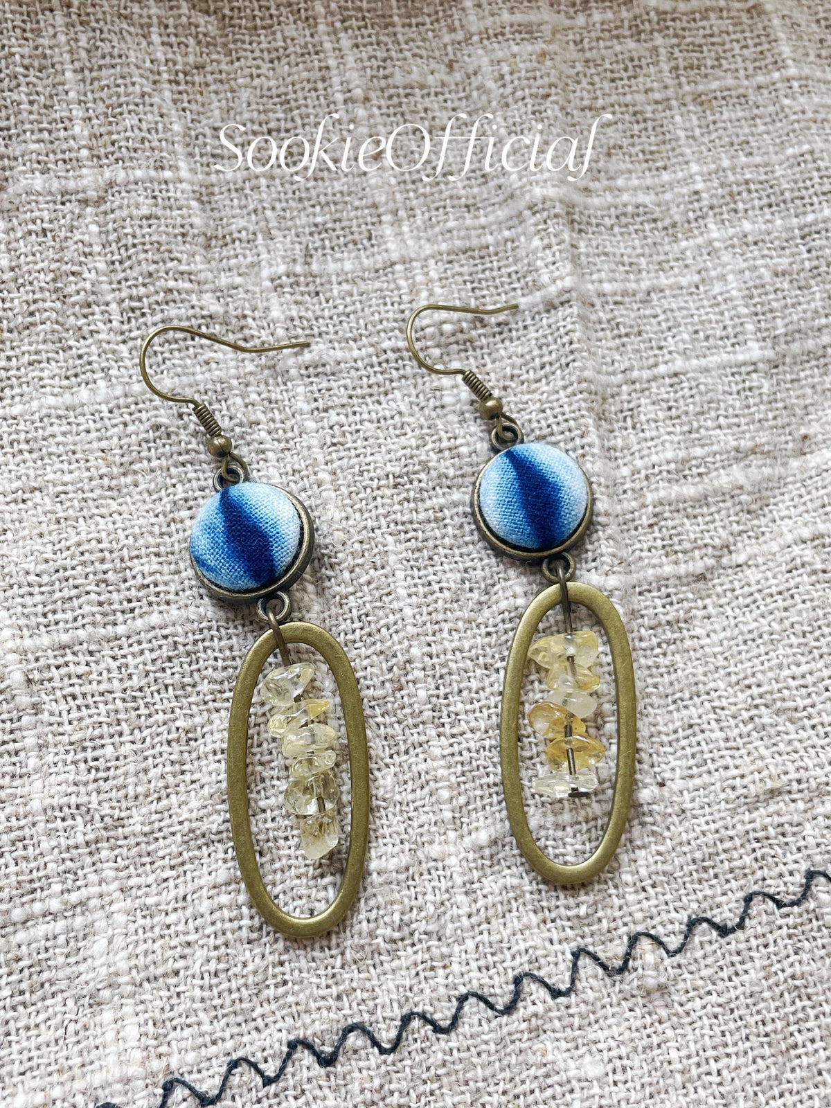 Botanical Hand-Dyed Fabric Earrings: Citrine Gemstone, 14K Gold Hook