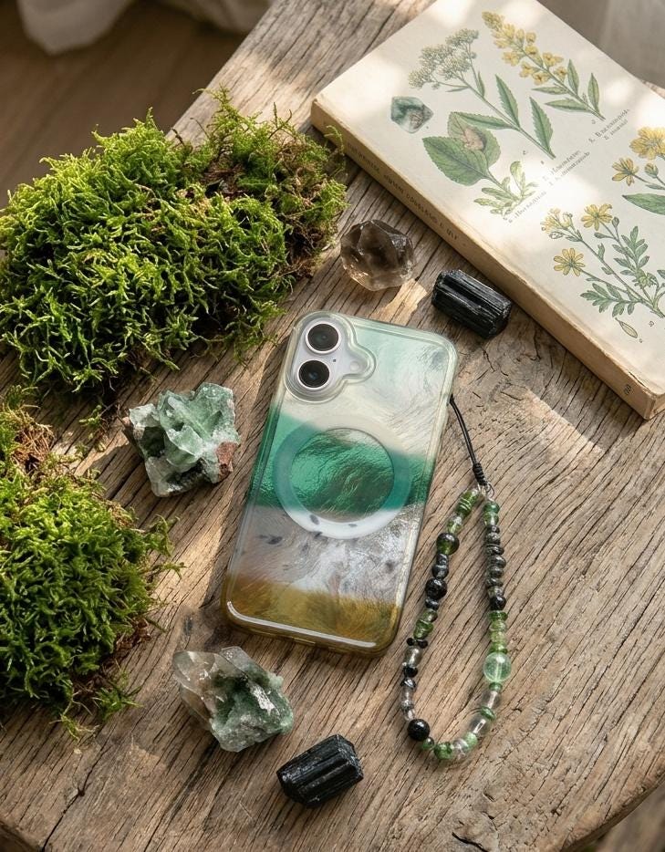 Forest Green Pearlescent Color Block iPhone Case with Chain, Glossy Meadow-Inspired MagSafe Case