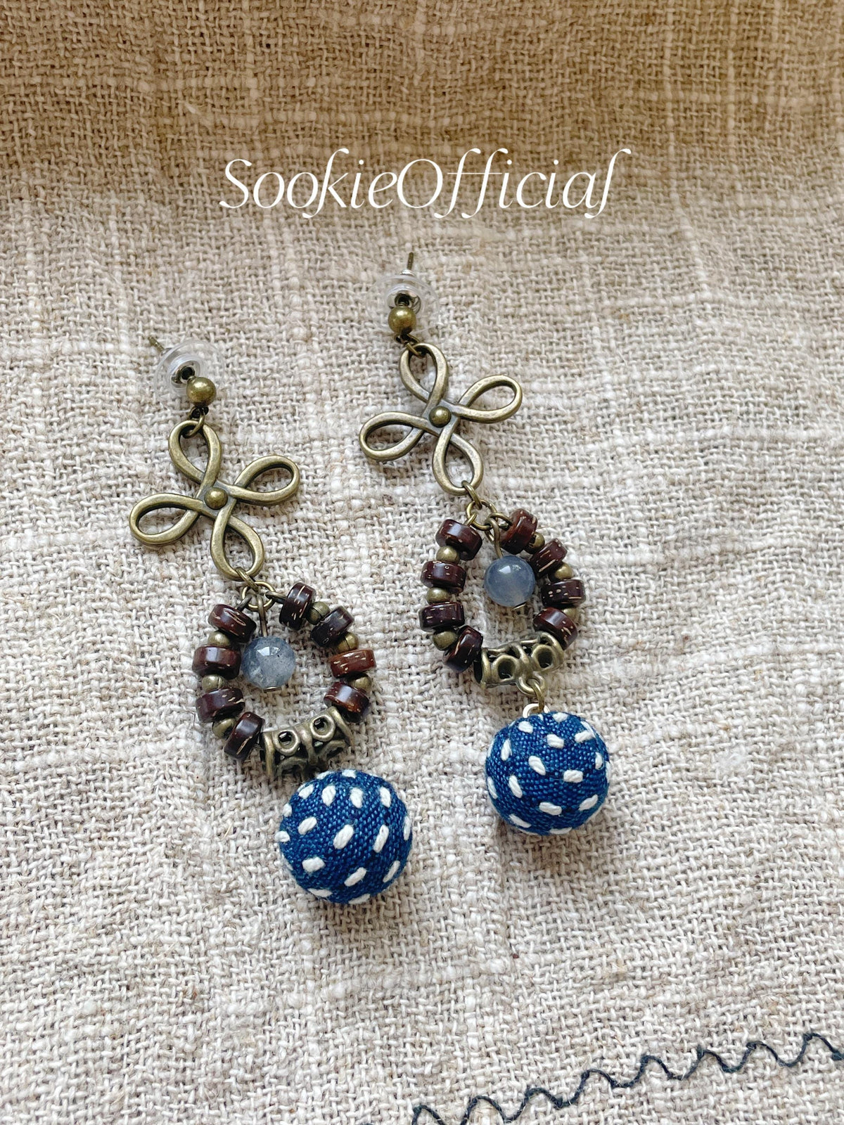 Vintage Indigo Dyed Fabric Earrings: Moonstone Dangle, Boho Style