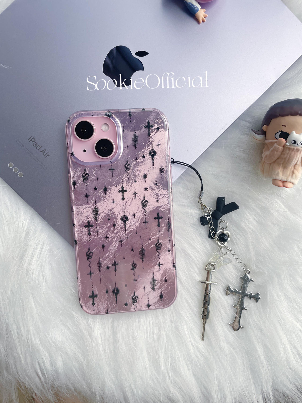 Glossy Gothic Purple iPhone Case with Chain, Y2K Sparkling Protective Cover