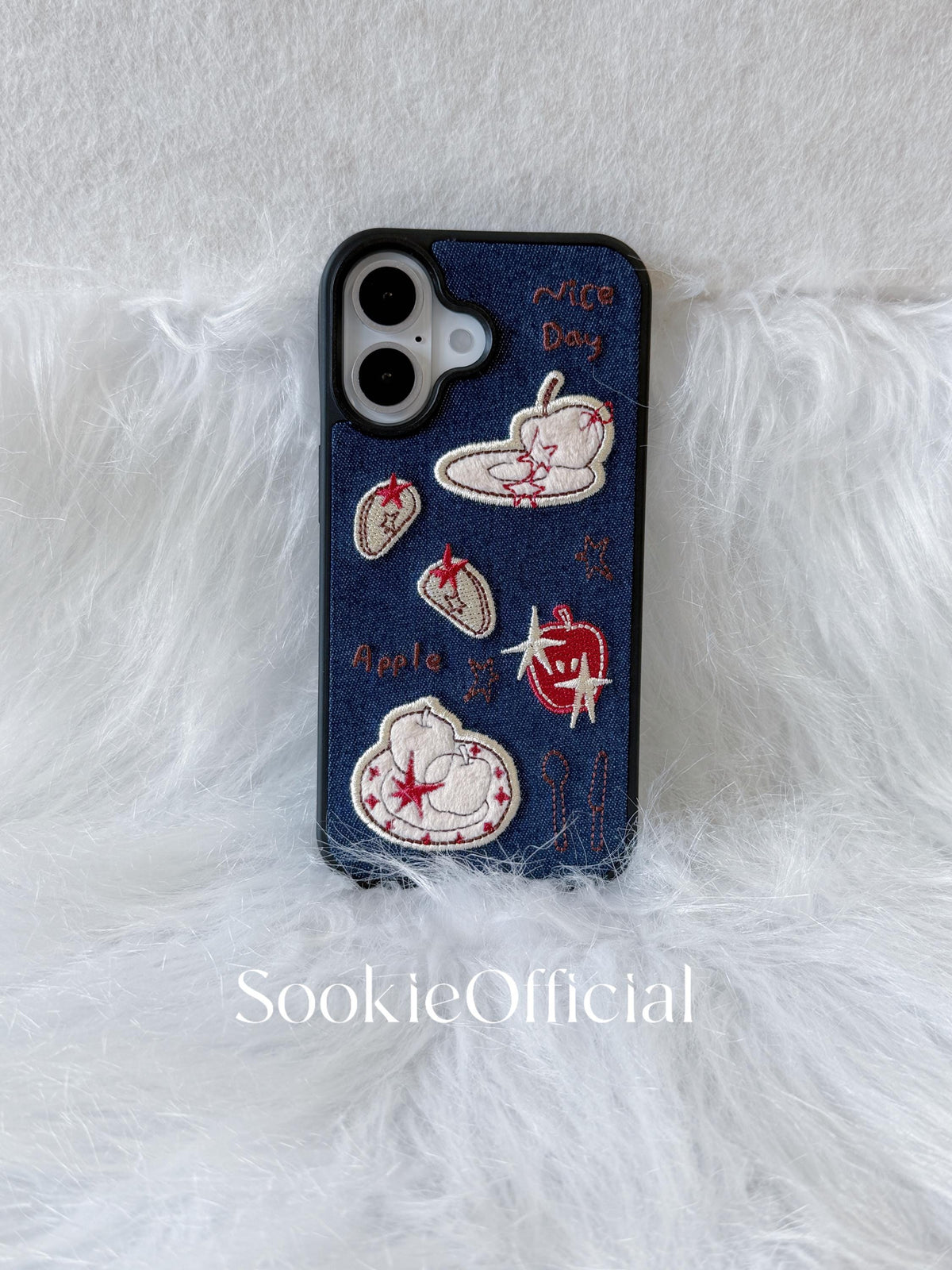 Embroidered Apple Cartoon iPhone Case for 13-17, Girly Denim Phone Cover