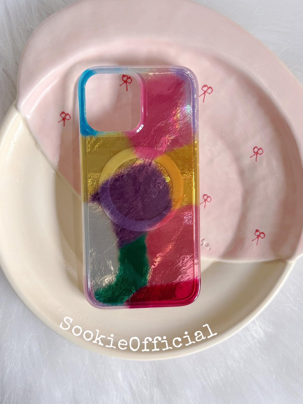 Glossy Iridescent Pearl iPhone Case with Beaded Chain, MagSafe & Standard Options