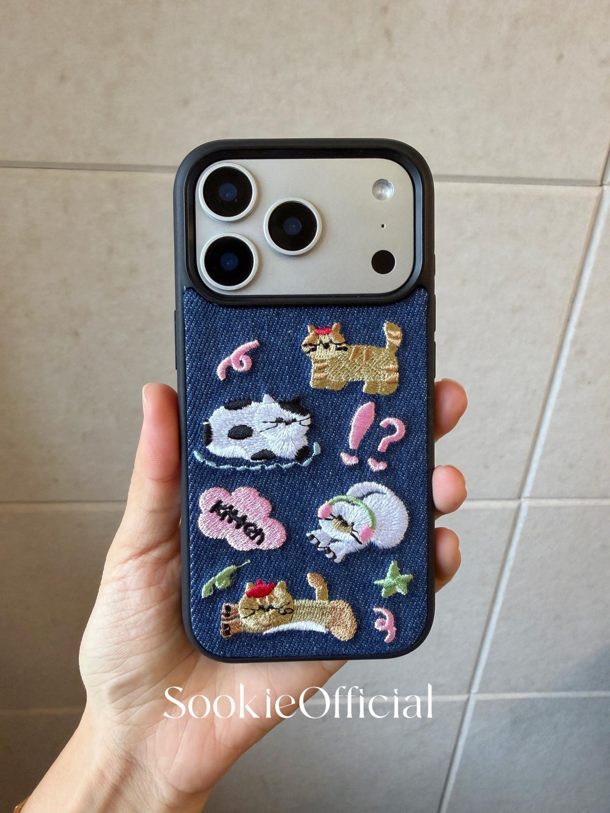 Denim Embroidered Cat iPhone Case 3D Embroidered Kitty Design for pet lover gift