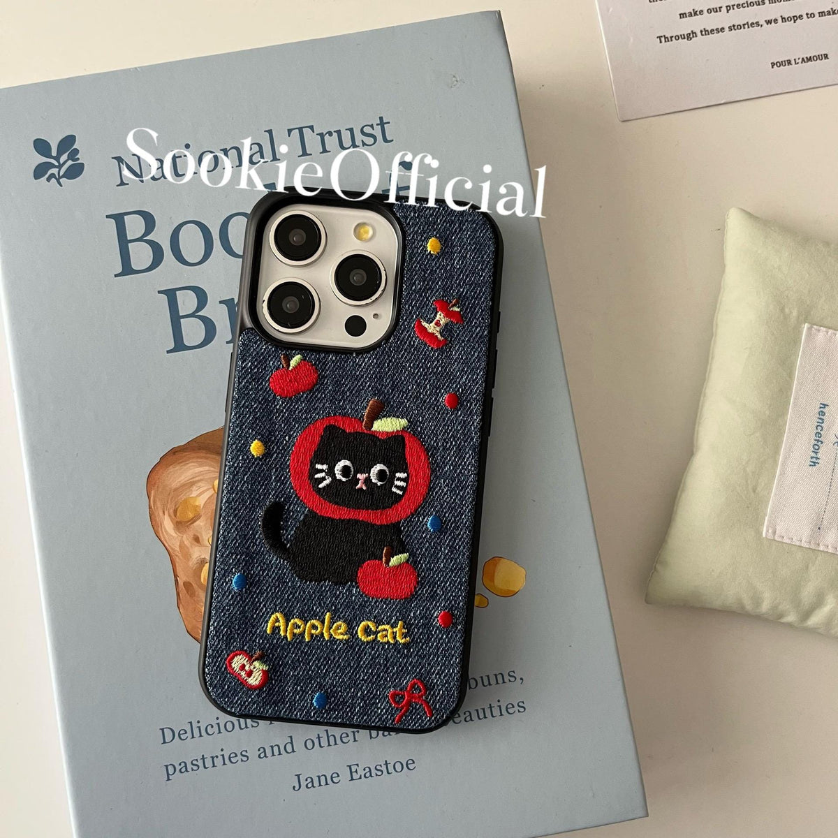 Embroidered Apple Cat Denim iPhone Case, Girly Phone Cover